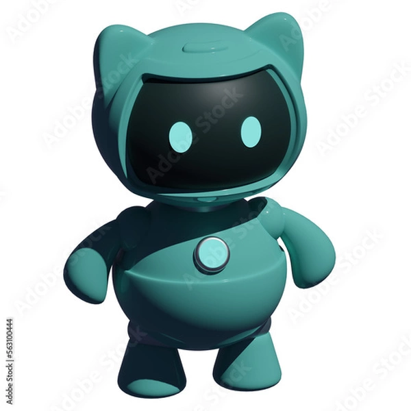 Fototapeta Turquoise cute robot cat toy isolated on white background. 3d rendering     