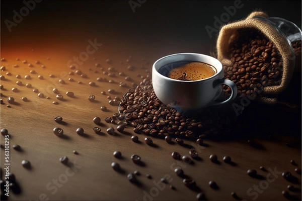 Fototapeta Tasty espresso served in cup with coffee beans around and spoon