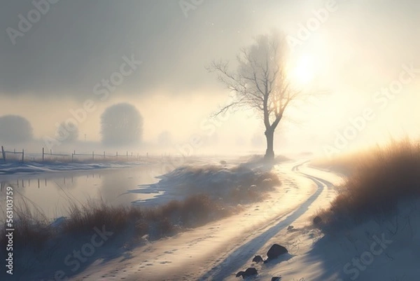 Obraz Snow landscape path. Winter sun. dry isolated tree. minimalist landscape.