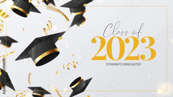 Obraz Greeting banner for design of graduation 2023. Falling graduation caps, golden confetti and serpentine. Congratulations graduates of 2023. Vector illustration for decoration social media, banners.