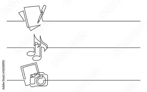 Fototapeta continuous line drawing vector illustration with FULLY EDITABLE STROKE of documents music photos