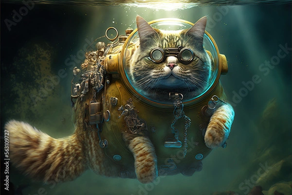 Fototapeta Scuba diving steampunk cat swimming in the ocean illustration generative ai