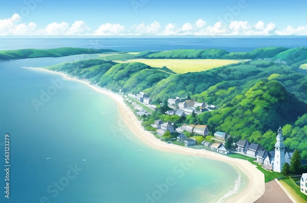 Fototapeta Wide low angle light blue foggy landscape with a small town on a clear blue coast. generative ai