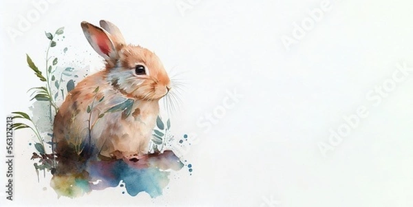 Obraz Watercolour background with rabbit, leaves and place for text. Illustration for Lunar Chinese New Year or for the Easter card and invitation, book and calendar with place foe text. AI generative