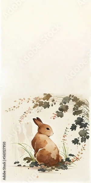 Obraz Watercolour background with rabbit, leaves and place for text. Illustration for Lunar Chinese New Year or for the Easter card and invitation, book and calendar with place foe text. AI generative