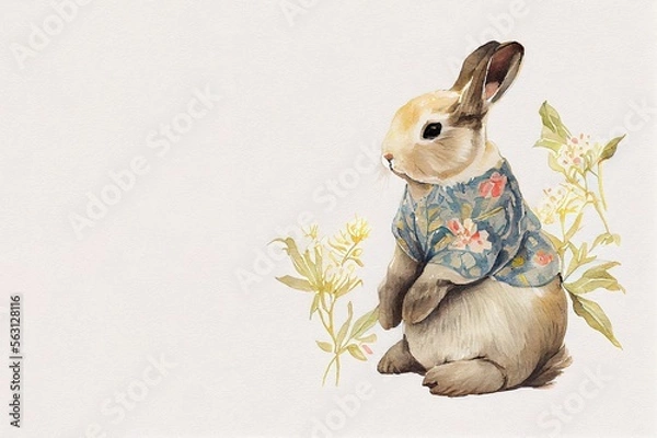Obraz Watercolour background with rabbit, leaves and place for text. Illustration for Lunar Chinese New Year or for the Easter card and invitation, book and calendar with place foe text. AI generative