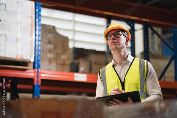 Fototapeta Portrait of caucasian industrial worker standing with tablet holding in his hand feeling proud and confident looking for the new opportunity, new challenge, concept logistics industry,