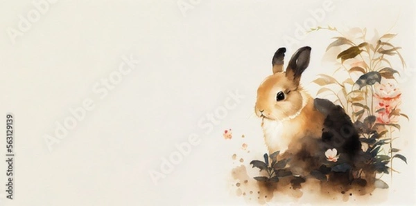Obraz Watercolour background with rabbit, leaves and place for text. Illustration for Lunar Chinese New Year or for the Easter card and invitation, book and calendar with place foe text. AI generative