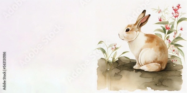 Obraz Watercolour background with rabbit, leaves and place for text. Illustration for Lunar Chinese New Year or for the Easter card and invitation, book and calendar with place foe text. AI generative