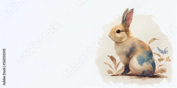 Obraz Watercolour background with rabbit, leaves and place for text. Illustration for Lunar Chinese New Year or for the Easter card and invitation, book and calendar with place foe text. AI generative