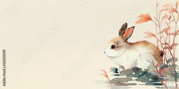 Obraz Watercolour background with rabbit, leaves and place for text. Illustration for Lunar Chinese New Year or for the Easter card and invitation, book and calendar with place foe text. AI generative