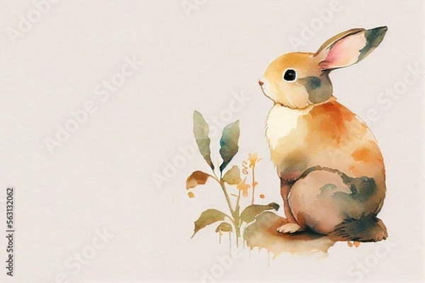 Obraz Watercolour background with rabbit, leaves and place for text. Illustration for Lunar Chinese New Year or for the Easter card and invitation, book and calendar with place foe text. AI generative