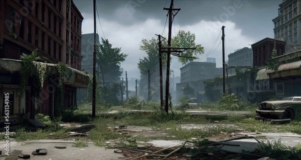 Fototapeta Post-Apocalypse Abandoned City Streets Buildings Created with Generative AI Technology