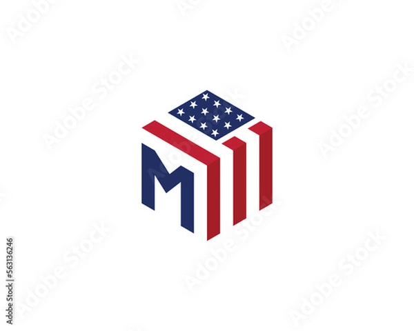 Fototapeta initial Letter M with American Flag in Shape of Hexagon Logo Concept symbol icon sign Element Design. Home, Real Estate, Realtor, Mortgage, House Logotype. Vector illustration template