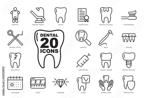 Obraz Dental - outline icon set. Thin line icons set for web design, application or infographics. Crafted with precision and eye for quality.