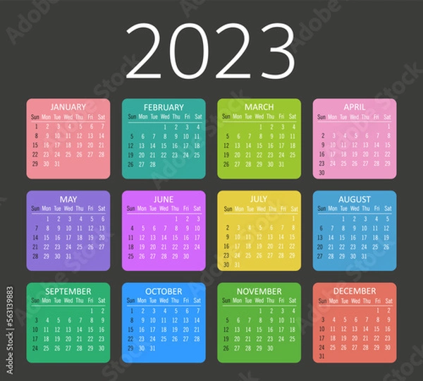 Fototapeta Year 2023 colorful calendar template vector illustration. isolated on black background. week starts sunday.  