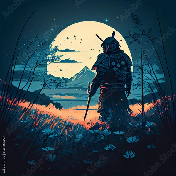 Fototapeta illustration of a samurai standing in a meadow in the moonlight created with generative AI