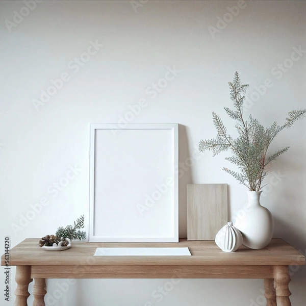 Fototapeta Mockup white frame on wooden table, white vase with plant, decorative elements on table and white wall