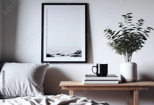 Fototapeta Vertical black picture frame mockup on vintage bench, table. Cup of coffee on a pile of books. Potted olive tree. White wall background. Scandinavian interior, neutral color palette.