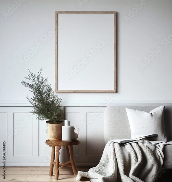 Fototapeta Empty vertical picture frame mockup. Midcentury linen sofa with linen blanket. Wooden pot with pine plant.  White wall background. Scandinavian interior