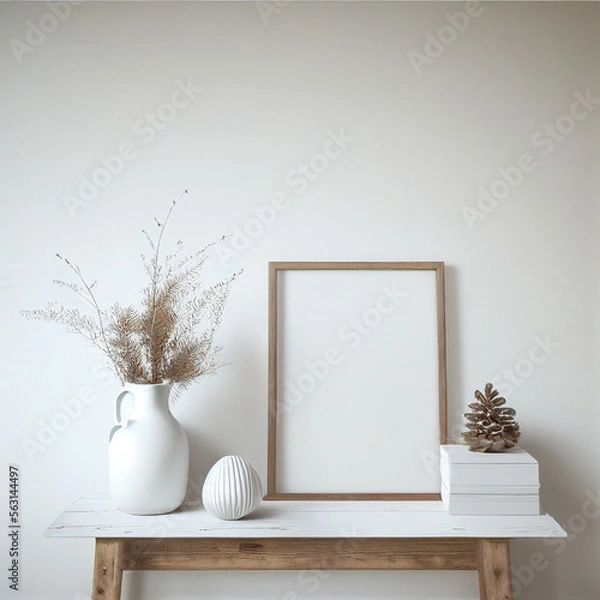 Fototapeta Portrait wooden picture frame mockup on vintage bench, and table. Modern ceramic vase with dry Lagurus ovatus grass,. White wall background. Scandinavian interior. Vertical.