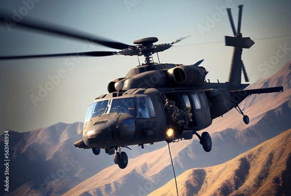 Fototapeta American Black Hawk helicopter firing. Created with Generative AI technology.