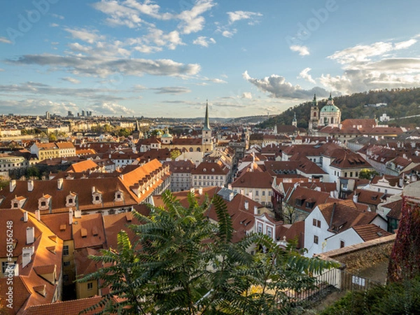 Fototapeta View of Prague. View from the gardens and vineyards of Prague Castle to picturesque Prague in the autumn setting sun. Prague, Czech Republic