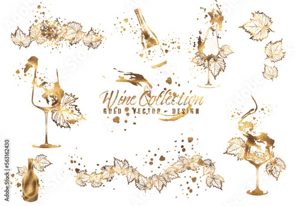 Obraz Wine Designs - Collection of wine glasses and bottles. Hand drawn elements for invitation cards, advertising banners, menus in gold style. Wine glasses with splashing wine. Sketch vector illustration
