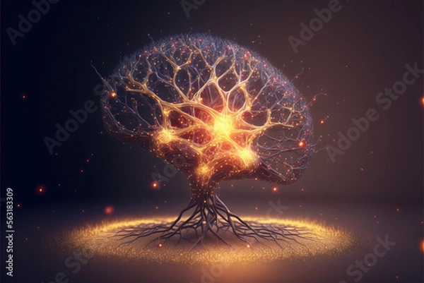 Fototapeta brain stem pulsing with electricity and activity made by generative ai
