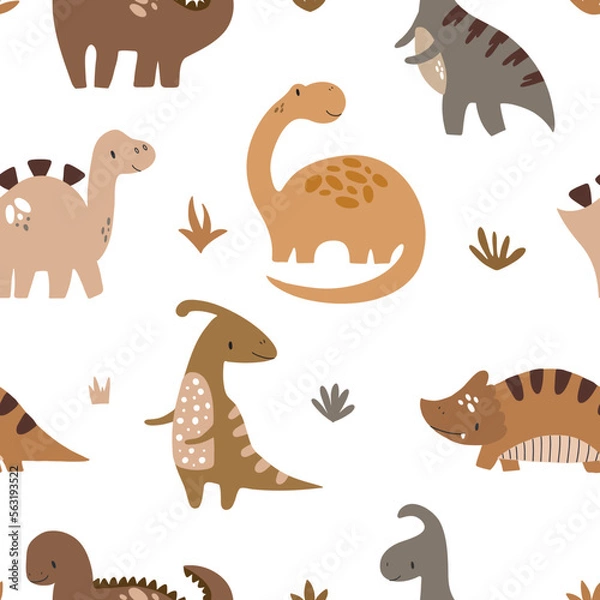 Fototapeta Vector hand drawn colorful seamless repeat baby pattern with cute dinosaurs and scandinavian style textures for nursery and textile decoration.