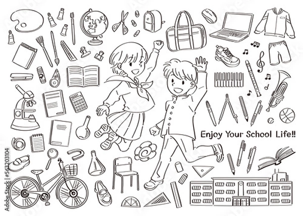 Fototapeta 学校生活の文房具や道具と、ジャンプする制服の男子と女子のイラストセット　線画