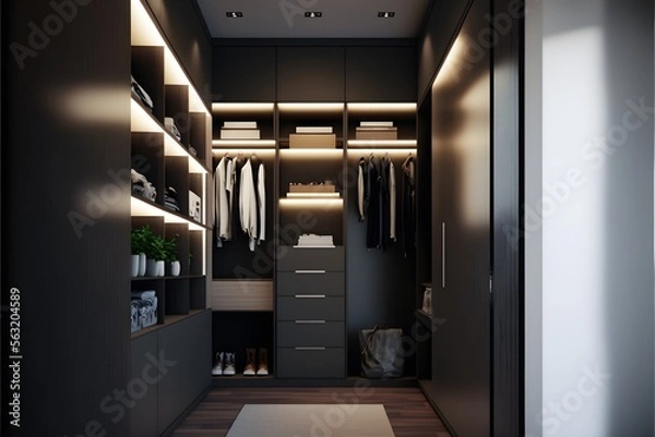 Fototapeta realistic front view of a modern walk-in closet  cabinet in warm blue mate uppers cabinet in wood and shelfs