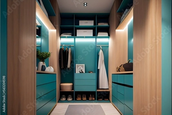 Fototapeta realistic front view of a modern walk-in closet  cabinet in warm blue mate uppers cabinet in wood and shelfs