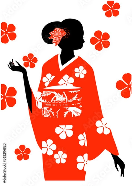 Fototapeta 着物を着た女性のシルエットと桜の花