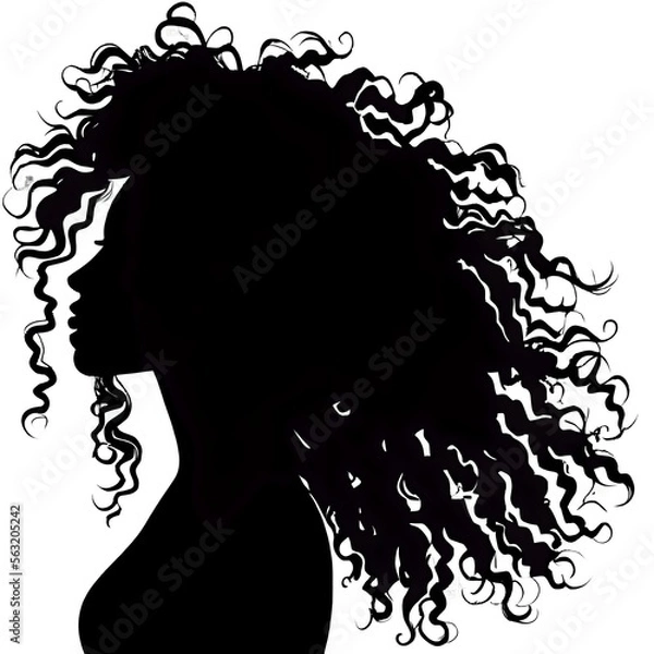 Fototapeta Black woman with beautifully curled hair that is hand-drawn. Girl with long lashes and finely sculpted eyebrows. Vector typeface for a business visit card idea. generative ai ideal salon appearance.