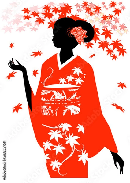 Fototapeta 着物を着た女性のシルエットと紅葉