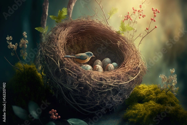 Fototapeta Bird nest with eggs, protecting eggs, generative AI