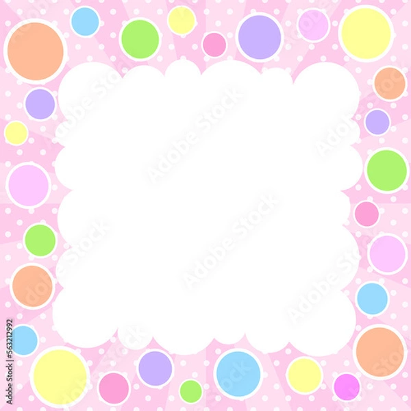 Fototapeta サンバーストとドットに水玉をちりばめたカラフルな背景にもこもこの吹き出し―フレーム
