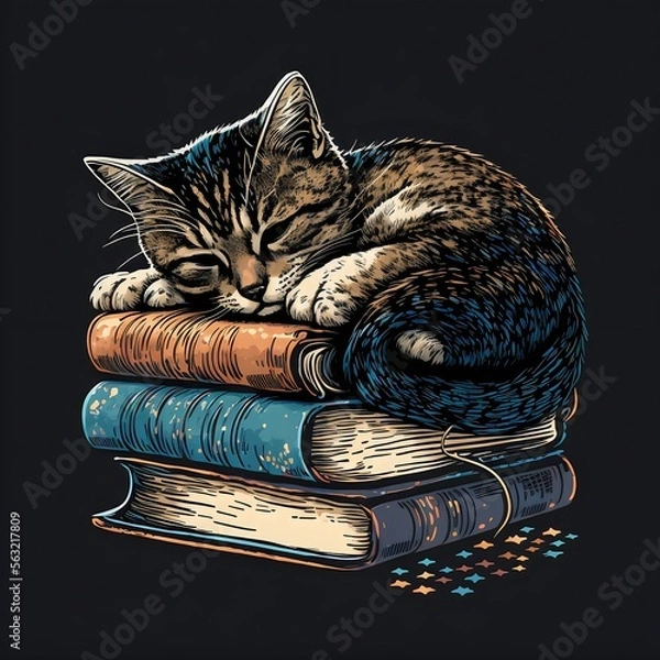 Fototapeta Cat sleeping on a pile of books created with AI