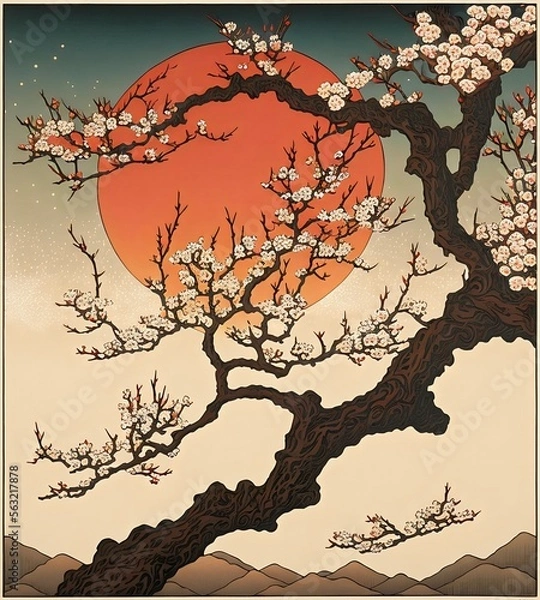 Fototapeta Cherry blossom tree japanese woodblock print style created with AI