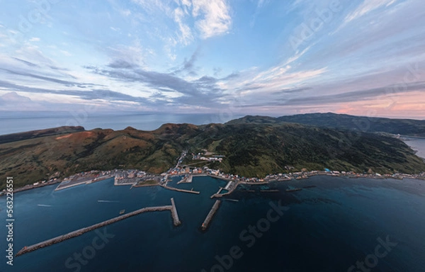 Obraz Aerial view of a town from the above in Rebun Island Hokkaido japan at sunrise