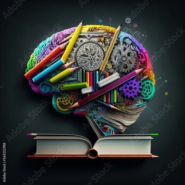 Fototapeta Brain, books, pencils and gears. Concept for learning new skills, education and creativity. Generative AI.