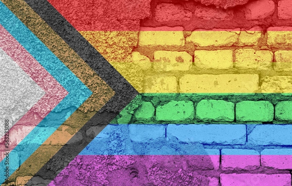 Obraz The Progress Pride flag lgbtq Progress LGBTQ rainbow flag . Freedom and love concept. Pride month. activism, community and freedom Concept. Copy space