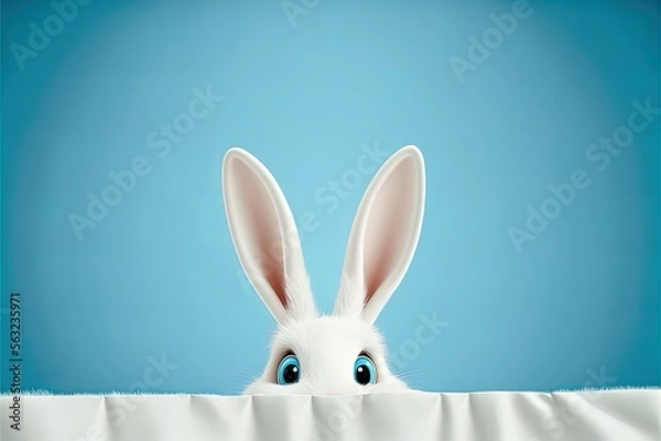 Obraz Cute easter rabbit sticking out green grass corner on blue sky background with empty space for text or product. Currious small bunny symbol of spring and easter