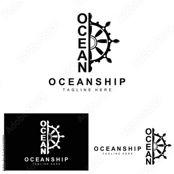Fototapeta Ship Steering Logo, Ocean Icons Ship Steering Vector With Ocean Waves, Sailboat Anchor And Rope, Company Brand Sailing Design