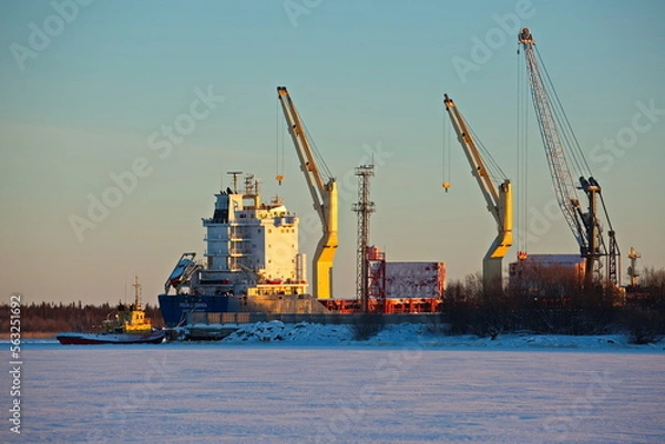 Fototapeta Dry cargo ship in the river port under unloading.
