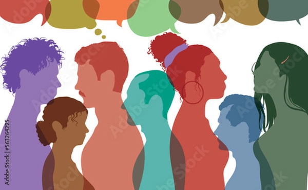 Fototapeta Communication on social networks. Multi-ethnic and multicultural people. Communicate ans speech bubbles.	Flat vector illustration