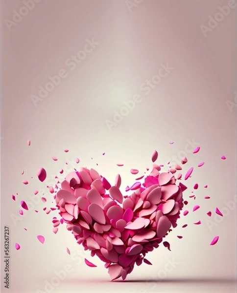 Obraz Top view of pink exploding heart made from petals background. St. Valentine's Day card concept with space for text