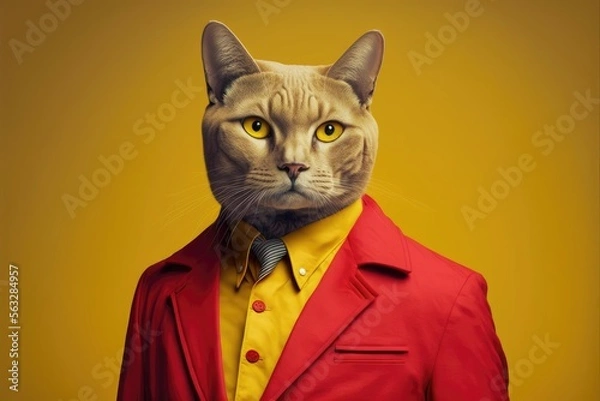 Obraz Brown cat in a man's red suit and yellow studio background. Generative AI