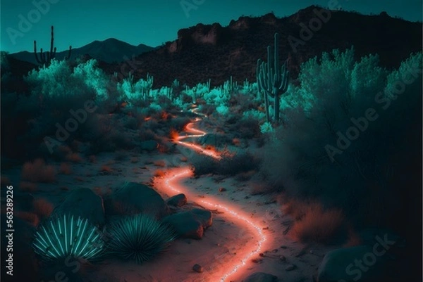 Fototapeta Neon lit walking track through the dessert, generative ai